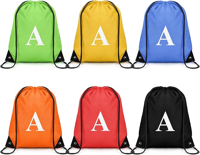 ZOMFELT 6Pcs Drawstring Backpack Drawstring Gym Bags, Foldable Draw String Backpack with Multiple Colors and Letters, Lightweight Polyester Cinch Bag for Gift, Beach, Sports, Travel, Swim (Letter A)