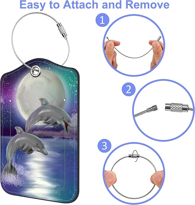 Set of 2 Luggage Tags for Suitcase Moon Night and Jumping Dolphin Leather Baggage Tags Set with Stainless Steel Loop Name Address Labels Privacy Cover for Men Women Travel Bag Suitcase
