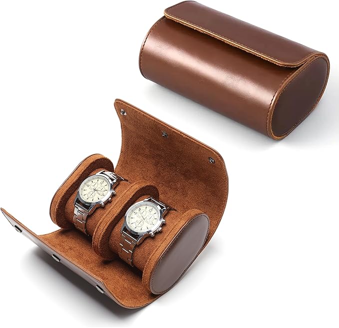 Longjet Watch Roll Travel Case for Men Portable Watches Organizer Box with Removable Velvet Pillow Holder (2 Slot Brown)