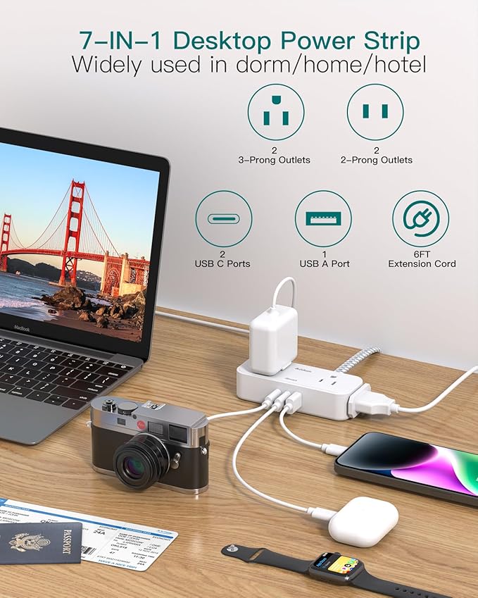Travel Essentials, 6 Ft Power Strip with 4 Outlets and 3 USB Ports(2 USB C), Addtam Flat Plug Small Extension Cord,Non Surge Protector for Cruise Ship, Travel, Dorm Room Essentials, ETL Listed, White