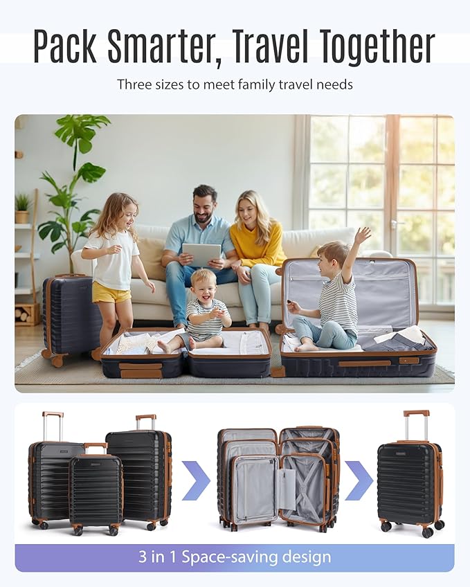LIGHT FLIGHT Luggage Sets, 3 Piece Durable Suitcase Set with Spinner Wheels, 3 Pcs Hardside Lightweight luggage with TSA Lock, Large Checked Travel Suitcases, 20/24/28 Inch,Black/Brown