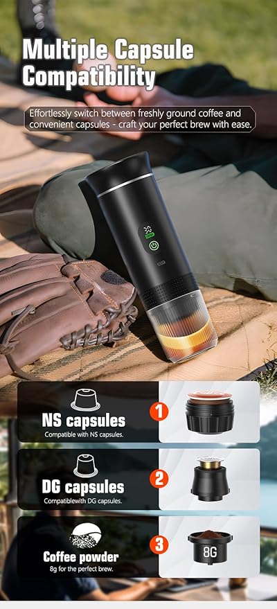 Portable Electric Coffee Maker, Digital Display, Compatible with Coffee Pods,Rechargeable Coffee Machine for Travel, Camping, RV,Home,Office (green)