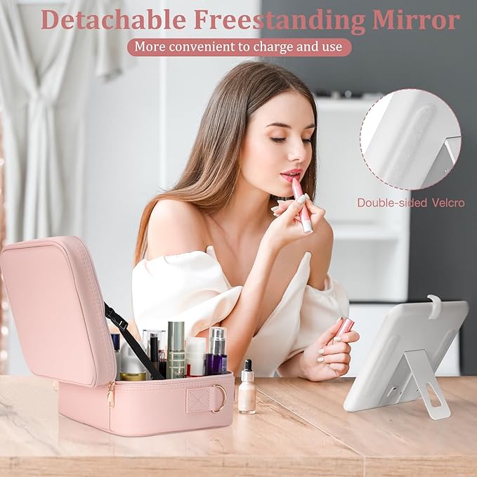 Makeup Bag with LED Mirror, [3 Color and Stepless Dimmable] Rechargeable LED Light for Makeup Bag Train Case with Brushes Storage Organizer, Travel Box Cosmetic Bag for Women - Pink