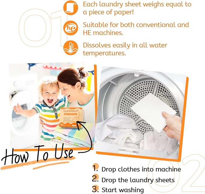 CLEARALIF Laundry Detergent Sheets Up to 160 Loads, Orange - Great For Travel, Apartments, Dorms,CLEARALIF Laundry Detergent Strips Eco Friendly & Hypoallergenic