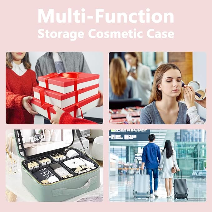 Travel Makeup Bag for Makeup Artists Large Makeup Case,with Mirror 3 Color Setting and Detachable 10x Magnifying Mirror Travel Makeup Bag,Portable Storage and Adjustable Dividers（pink）