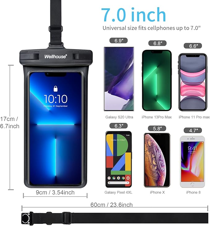 wellhouse Waterproof Phone Pouch, Waterproof Phone Case for iPhone 16 15 14 13 12 Pro Max XS Samsung, IPX8 3D Cellphone Dry Bag Beach Essentials (1 Pack - Black7.0, 7 inch)