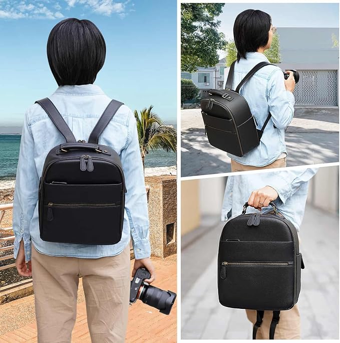 Small Camera Backpack, Classic PU Leather with 11 Inch Pad/Tablet Compartment, Professional Camera Bag for Photographers for DSLR, 10L Black