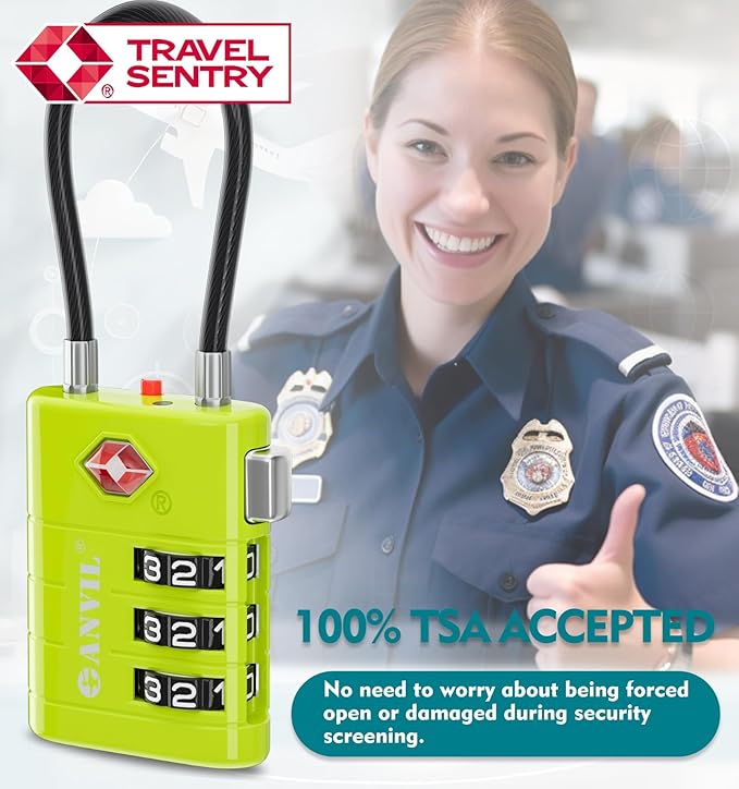 ANVIL TSA Approved Luggage Locks – High Security TSA008 Combination Travel Locks with Inspection Indicator for Suitcases and Backpacks. (4, Grass Green)