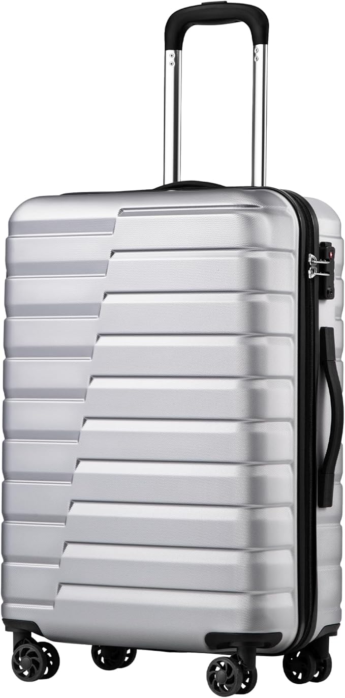 Coolife Medium Checked Luggage with Spinner Wheels Hardside Suitcase TSA Lock Telescopic Handle(24 inch-Sliver)