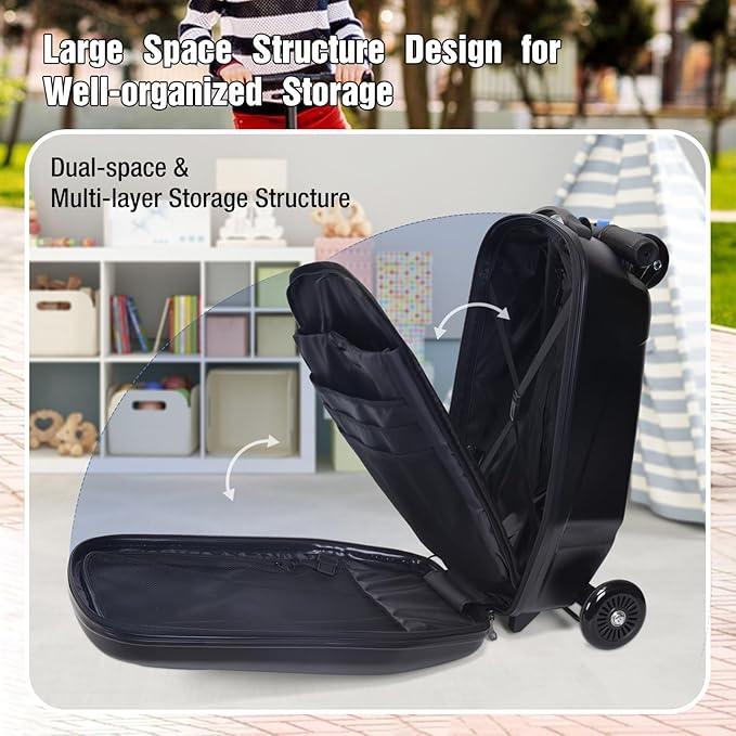 20" Scooter Suitcase for Kids, 2-in-1 Ride On Luggage with Wheels for Boys & Girls Ages 4-15, Foldable Hardshell Carry On Lightweight Travel Suitcase for Airplane