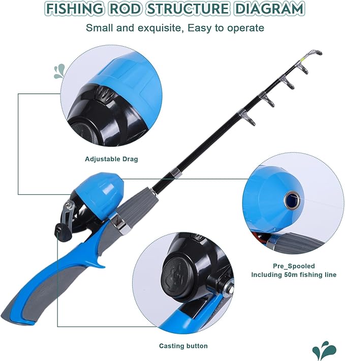 Urban Deco Kids Fishing Pole Kit 2 Pack, Portable Telescopic Kids Fishing Rod with Tackle Box, 2 Fishing Net and 2 Bucket for Beginners, Boys,Girls,Youth