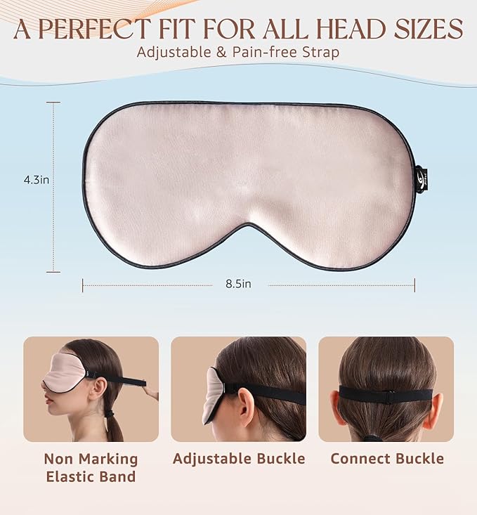 HiRui Silk Sleep Mask, 100% Natural Mulberry Silk of Double-Sided & Inner-Filling, Ultra-Smooth Soft, Adjustable Strap, Blocks Light for Night Sleeping, Travel, Office Naps (Pink)