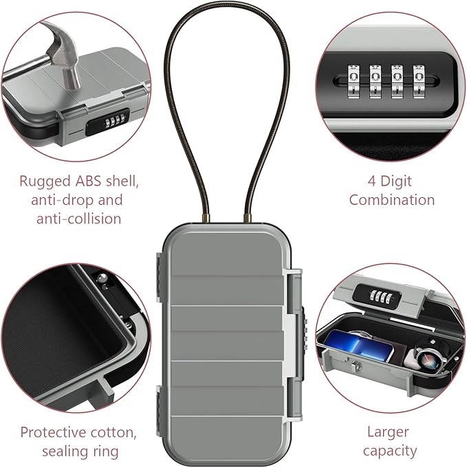 LOFICOPER Portable Safe Box, 4 Digit Combination Security Case, Waterproof Travel Lock Box, Small Beach Safe with Removable Chain, for Sports, Travel, Home, Office, Grey