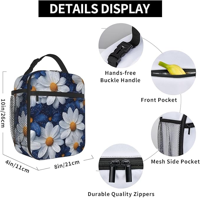 Daisy Insulated Lunch Box for Women Men Daisy Lunch Bag for Travel,or Fishing Polyester Daisy Lunch Box