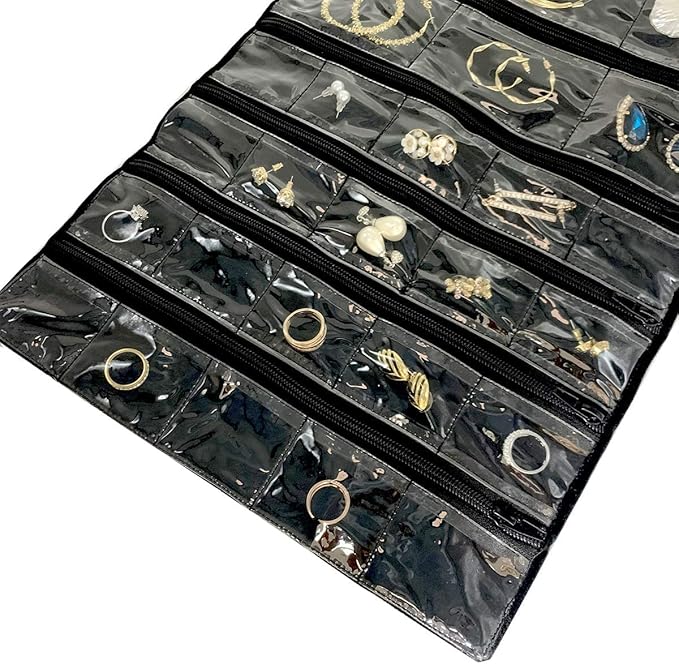 Travel Jewelry Roll Bag Portable Organizer Pouch With Grids&PVC Cover Storage Bags for Necklace, Bracelet, Bracelet,Ring, Badge, Pendant