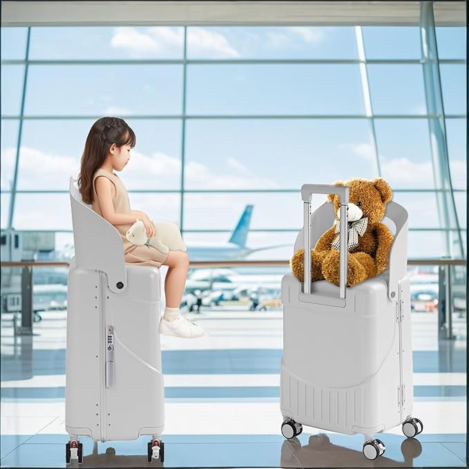 TABU 20" Ride-on Luggage with Seat For Kids & Adults，Carry On Hardshell Ride On Suitcase with 360° Lockable Spinner and TSA Lock, White