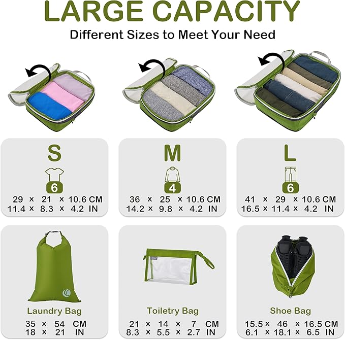 Cipway Compression Packing Cubes Mesh, Lightweight Luggage Organizer Bags with Laundry Bag,Toiletries Bag and Shoe Bag, Travel Essentials for Carry on Suitcase（8 Pcs,Green）