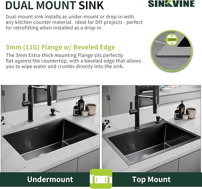 Black Kitchen Sink Drop-In 22 x 18 inch, SINKVINE PVD Nano Stainless Steel Bar Sink Outdoor, Top Mount Deep Single Bowl RV Laundry Basin, w/Drain Strainer, Bottom Grid, Roll-up Drying Unit, Dark Gray