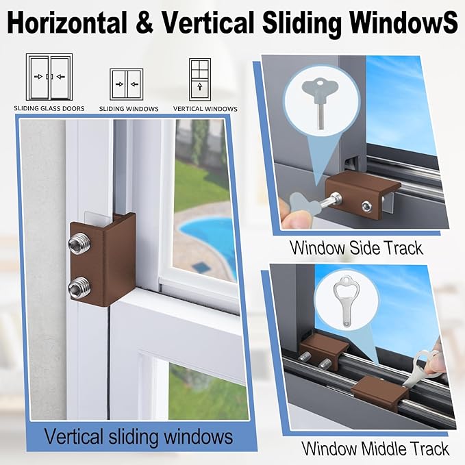 Window Locks for Sliding Windows - Sliding Window Lock Security with Keys - Adjustable Sliding Door Lock - Without Drilling Easv to Install Child Locks for Sliding Door,Patio Door(8 Sets Brown)