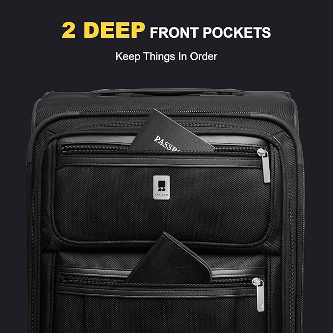 LEVEL8 Carry On Luggage Airline Approved with Compartment, Softside Expandable Rolling Suitcase with Spinner Wheels, Black, Carry-On 20-Inch