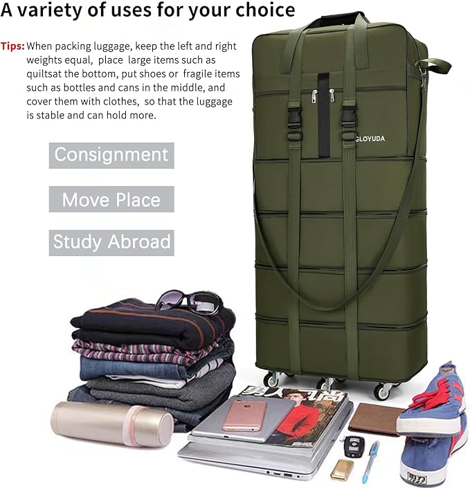 Expandable Foldable Luggage, 42'' Suitcase With Spinner Wheels, Rolling Duffle Bag with Wheels and Handle, Collapsible Luggage, With 2 Handle Wrap and 2 Fixing Straps, 1 Shoulder Strap (Green)