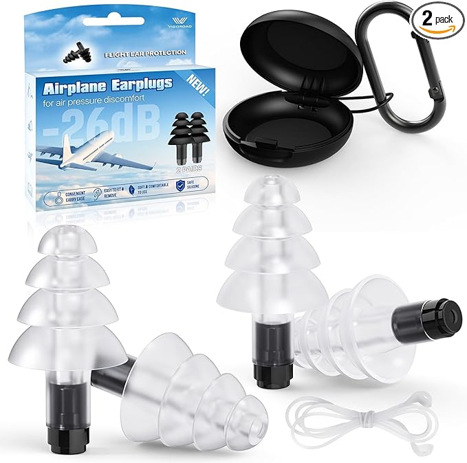 Ear Plugs for Airplane Pressure Relief, 2 Pairs Adults Soft Silicone Reusable Airplane Earplugs 26dB, with Silicone Connector Cord, Travel Essentials for Flying, Ear Protection Earplugs for Plane