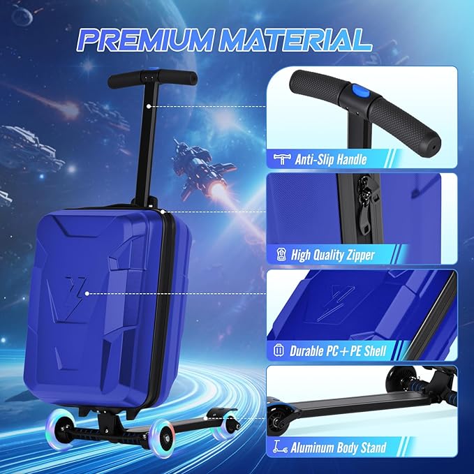 smilesun Scooter Suitcase for Kids & Adults, Foldable Carry On Travel Luggage, Hardside Ride on Scooter Suitcase with LED Light up Wheels，Blue