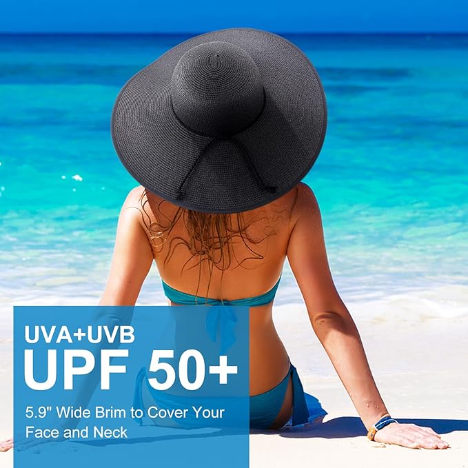 DRESHOW Beach Hats for Women Big Straw Wide Brim Summer Hat Floppy Foldable Roll up Cap Sun Hat UPF 50+