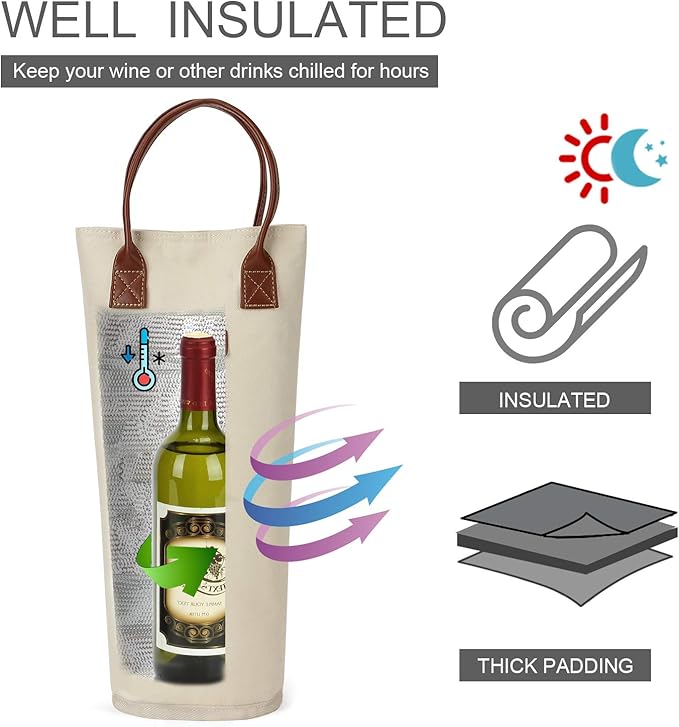 ZORMY Single Bottle Insulated Wine Tote, 1 Bottle Wine Carrier Bag Padded Wine Cooler Perfect Wine Lover's or Wedding Gift-White