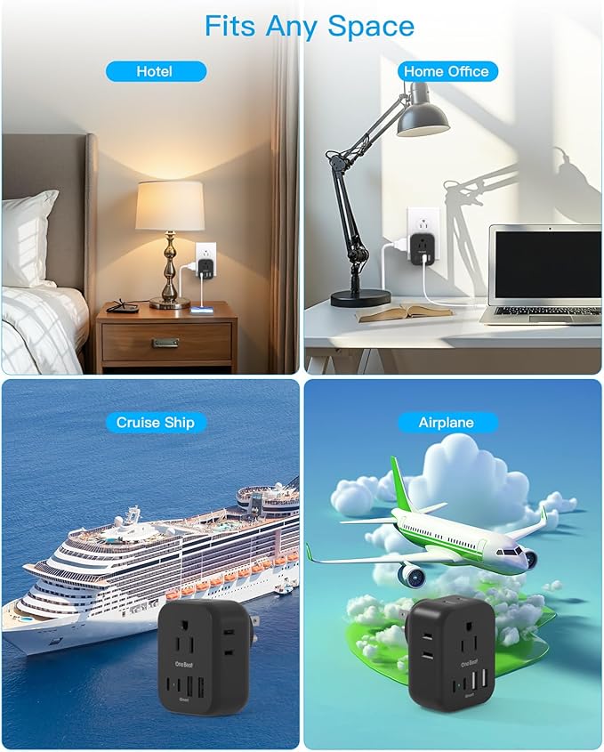 Travel Cruise Ship Essentials, Travel Plug Adapter with 4 Outlets 4 USB (4 USB-C), Cruise Approved Power Strip Non Surge Protector, Multi Plug Wall Outlet Extender, Travel Cruise Must Have Accessories