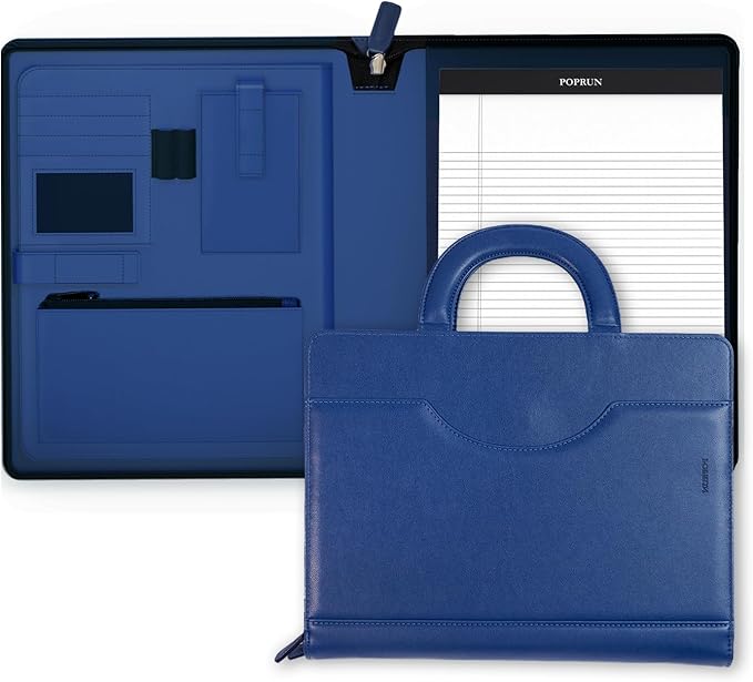 POPRUN Portfolio Binder with Zipper, Leather Padfolio Document Organizer with Storage, Professional Business Briefcase Ideal for Meeting Presentation Work-Includes 50 Sheet Writing Pad, Blue