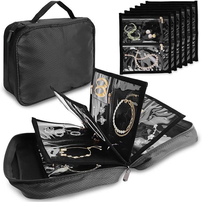 Travel Jewelry Case Organizer for Women, Jewelry Binder with 6 Clear Zipper Pouches