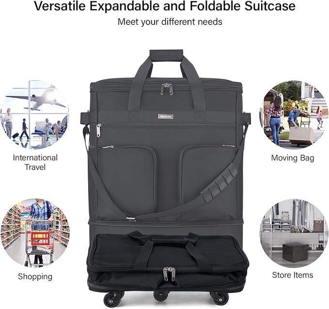 Hanke Expandable Collapsible Luggage with Wheels Suitcase Luggage Rolling Travel Bag Duffel Bag for Men Women Lightweight Suitcase Large Capacity Luggage with Spinner Wheel (Black)