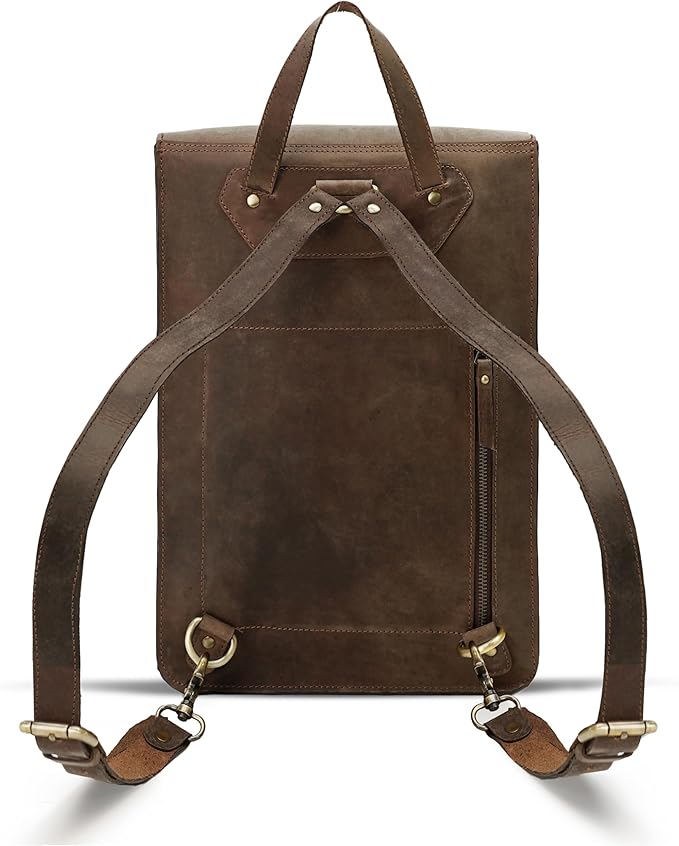 Genuine Leather Backpack for Men and Women, Minimalistic Leather Backpack, Handmade Retro Style 15.6" Laptop Bag, Hiking Shoulder Daypack - Hunter Brown