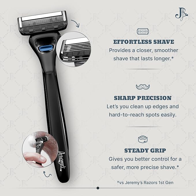 Jeremy's Razors for Men: Precision 5 Blade Razor - Stainless Steel Blades, Lubricating Strip, Precision Trimmer - Men's Shaving Kit, Travel Face Body Head Shavers (1 Razor 4 Cartridges)