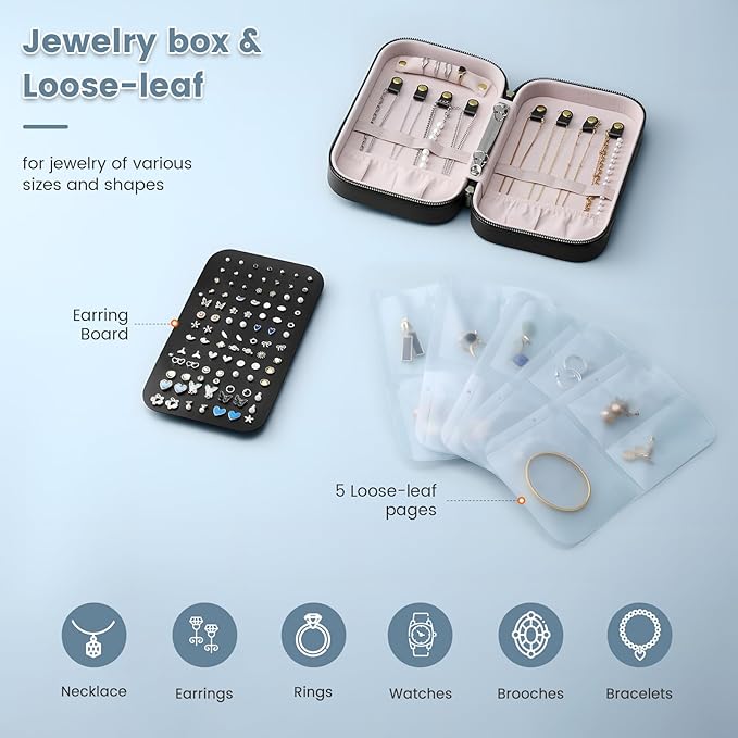 Lolalet Travel Jewelry Organizer, Jewelry Storage Case with Pocket, Earrings Necklaces Bracelets Ring Zippered Storage Pouch for Women -Black