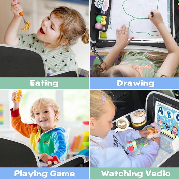 MENZOKE Car Seat Tray for Kids with Large Educational Drawing Board, Tablet Stand & Cooler Cup Holder, Essential for Family Road Trips, Airplane Rides & Daily Commutes, Black