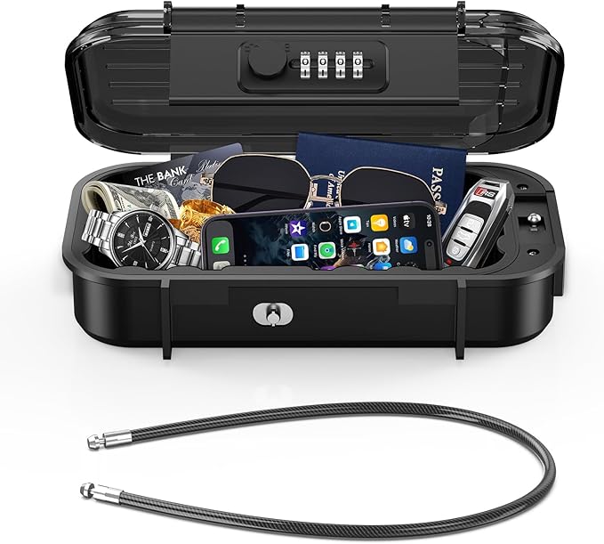 LOFICOPER Portable Lock Box, Beach Security Box for Travel, Anti-Theft 4-Digit Combination Lock Box, Cash Box with Removable Wire Rope for Dorm, Gym, Travel, Hotel, Office