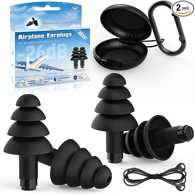 Ear Plugs for Airplane Pressure Relief, 2 Pairs Adults Soft Silicone Reusable Airplane Earplugs 26dB, with Silicone Connector Cord, Travel Essentials for Flying, Ear Protection Earplugs for Plane