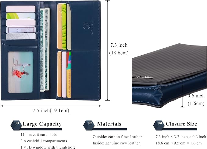 VISOUL Mens Leather Long Checkbook Bifold Wallets with RFID Blocking, Carbon Fiber Leather Tall Wallets for Men (Black+Blue)