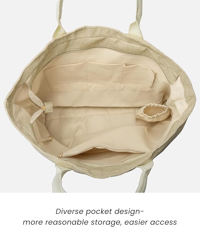 Large Beach Tote Bag with Zipper-Travel Tote Bag for Women with Sun Hat Holder Strap Boho Summer Beach Tote