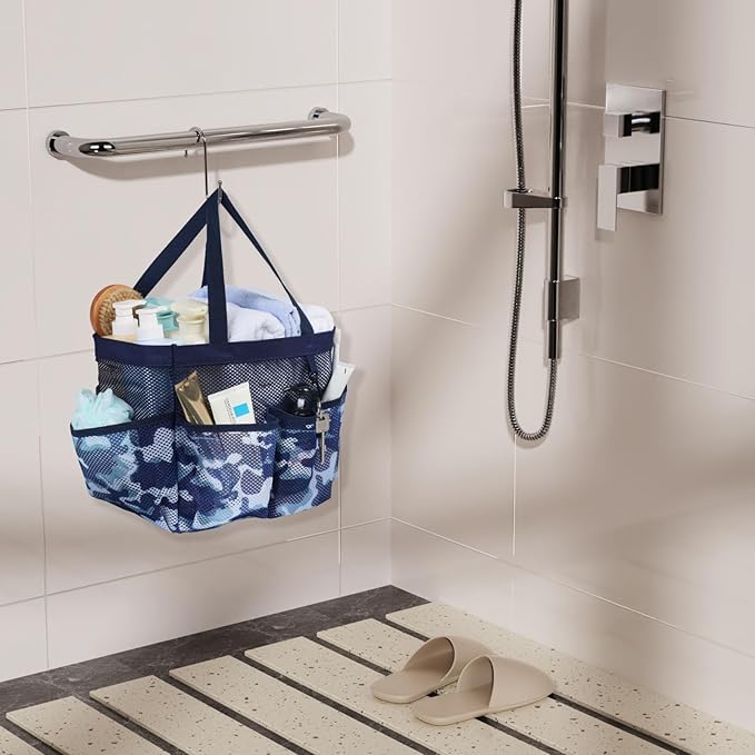F-color Shower Caddy Portable - Mesh Shower Bag Basket Tote for College Dorm Room Essentials Bathroom Gym Camp Quick Dry for Women Men with S Hook, Dark Blue Camouflage