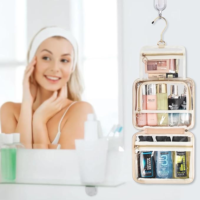CUBETASTIC Clear Makeup Bags, Travel Make Up Organizer Storage Case, Hanging Toiletry Bag with Zipper Compartment, Small Travel Bag for Toiletries Portable Cosmetic Skincare Pouch with Handle