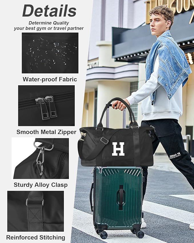 Initial Travel Duffel Bag Sports Gym Bag for Boys Teen Birthday Gifts,Black Personalized Weekender Bag Carry On Tote Bags for Men,Waterproof Overnight Luggage Bag Airplane Travel Essentials(Letter H)