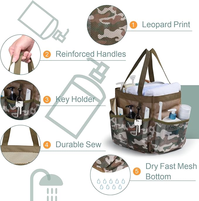F-color Shower Caddy Portable - Mesh Shower Bag Basket Tote for College Dorm Room Essentials Bathroom Gym Camp Quick Dry for Women Men with S Hook, Brown Camouflage