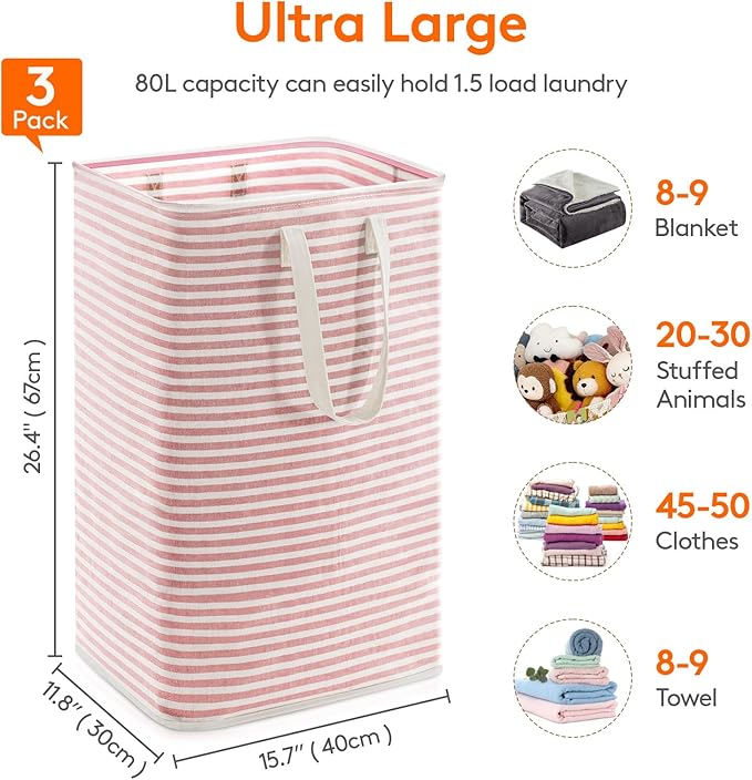 Lifewit 3 Pack Laundry Hamper Large Collapsible Laundry Baskets, Freestanding Waterproof Clothes Hamper with Easy Carry Handles in Laundry Room Bedroom Bathroom College Dorm for Adults, Pink, 3 x 80L