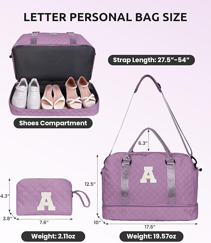 Women Gifts-Duffle Bags with Shoe Compartment, Personalized Weekender Bag, Overnight Bag, Tween Travel Bag with Makeup Bag，Birthday Gift Graduate Gifts for Her (Letter T)