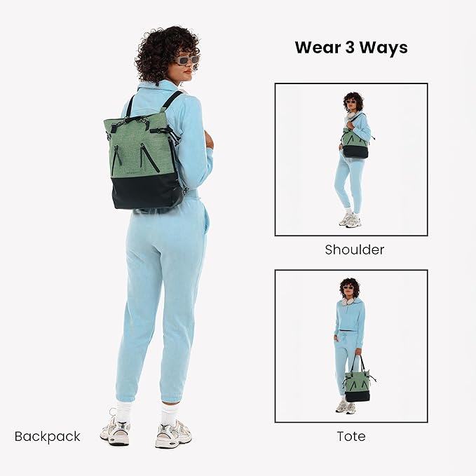 Sherpani Tempest, Anti Theft Convertible Backpack Tote, 14L Travel Backpack, Travel Gifts for Women, Handbags, RFID Protection, Metal Hardware, Fits 15” Laptop (No Sleeve) (Basil)