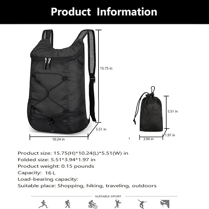16L Hiking Daypack Lightweight Foldable Travel Backpack Water Repellent Camping Outdoor Packable Easy Carry-on Bag (Black)