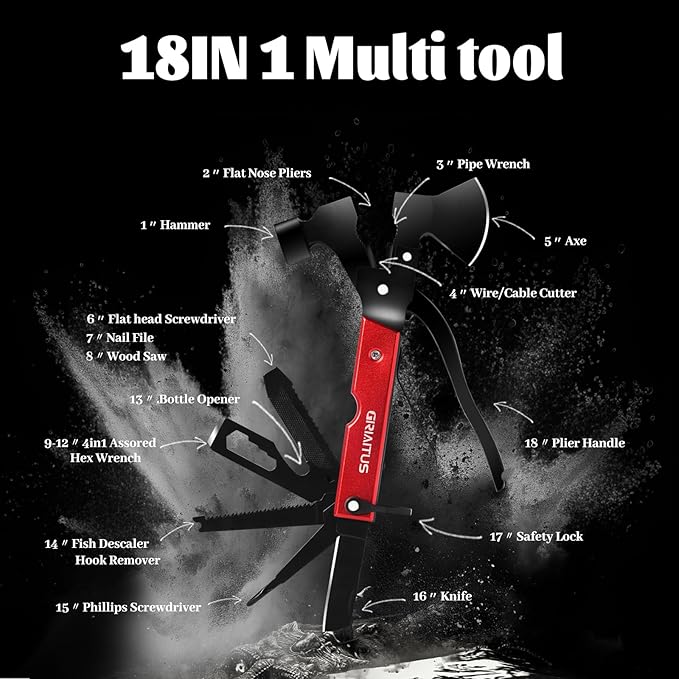 Multitool Camping Accessories Gifts for Men Survival Gear 18 in 1 Camping Multi Tool with Axe Hammer Saw Screwdrivers Pliers Bottle Opener Stocking Stuffers Gifts for Men Dad Him